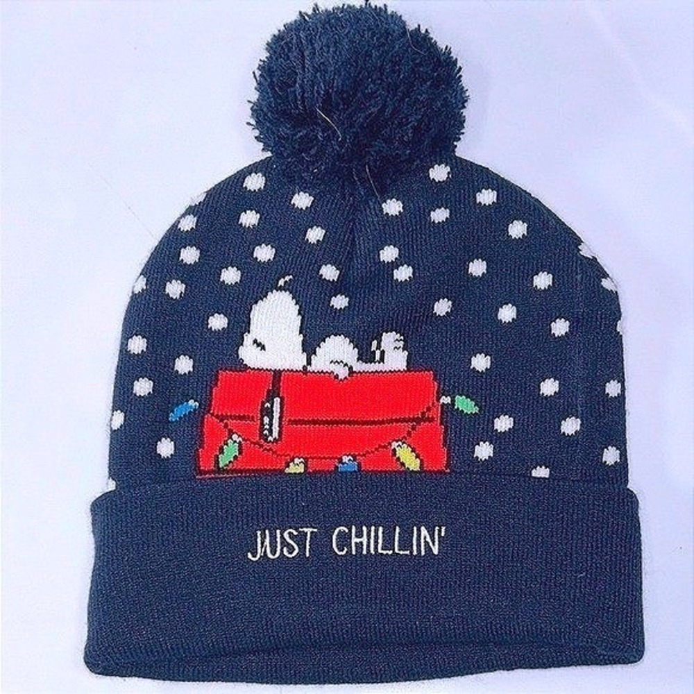 Peanuts Snoopy Woodstock Just Chillin' Pom Beanie Winter Hat‎ OS